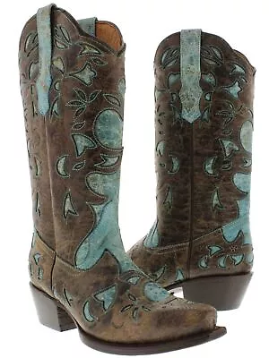 Womens Western Wear Boots Cowgirl Turquoise Overlay Distressed Leather Snip Toe • $95.99