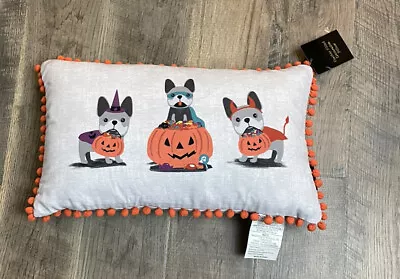 $35 • Buy Halloween 20  French Bulldog Frenchie Lumbar Throw Pillow W/ PomPoms NEW 