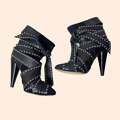 Isabel Marant Black Studded Leather Ankle Tie Boots • $300