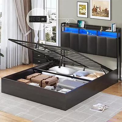 Queen Bed Frame With Storage Headboard Lift Up Bed Charging Station & LED Lights • $259.99