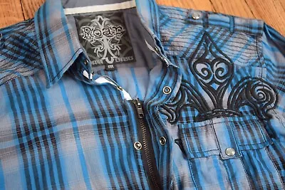 Roar Signature Plaid Embroidered Long Sleeve Shirt Blue Tribal Size Medium • $31.49