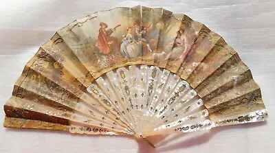   Important  Mother Of Pearl And  Paper  Hand Painted By M. Serand Hand Fan   • $990