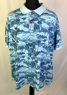 Mantaray Polo Shirt Short Sleeve Hawaiian Print Top Men's 2XL XXL Blue NWT L757 • £14.99