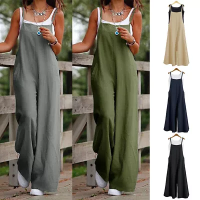 $25.29 • Buy Womens Plain Linen Loose Dungarees Jumpsuit Pants Rompers Overalls Baggy Rompers