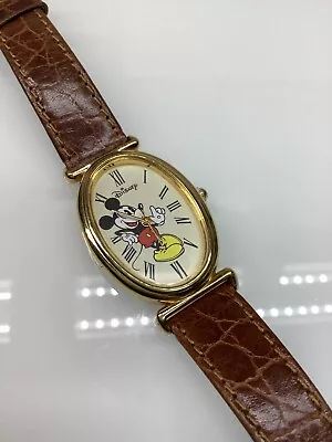 Vintage Disney Time Works Mickey Mouse Gold Tone Leather Wrist Watch Japan Works • $18