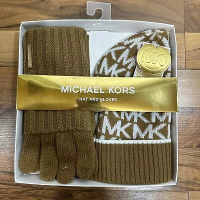 New In Box Michael Kors Hat & Glove Gift Set Dark Camel Cream Knit Mk Print • $34.99