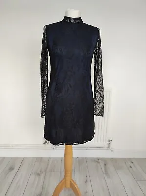 £9.99 • Buy Zara Black Lace Ladies Mini Dress Navy Lining EuR S Long Sleeve, A-line Preowned
