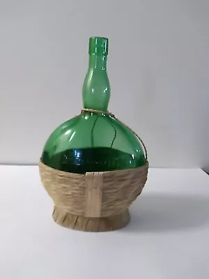 Vintage Brev Bolla Green Glass Wine Decanter W/Wrapped Wicker Bottom • $8.99