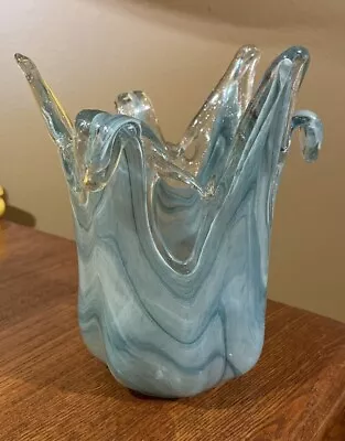 Aqua Striated With Gold Sparkle  Abstract Art Glass  Murano Styled  7” Tall • £33.73