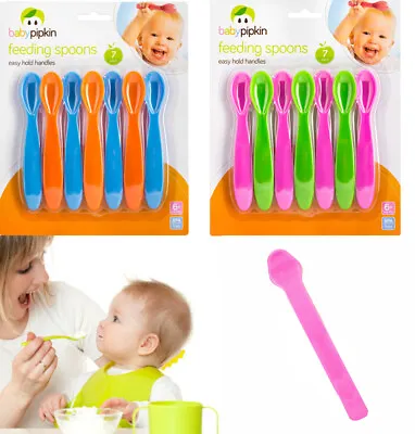 BABY FEEDING WEANING SPOONS 7 Pack Set Toddler 6 Months+ Plastic Easy Hold • £2.99