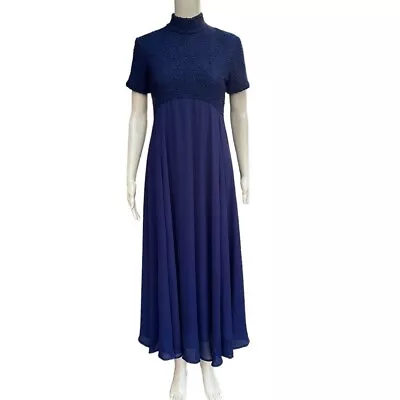 Vintage Bonnie Strauss Navy Blue Lace And Chiffon Fit And Flare Maxi Dress 10 • $50