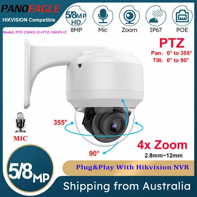 Hikvision Compatible 4K PTZ 8MP 5MP 4x Zoom Mic Security CCTV IP Camera POE Dome • £108.06