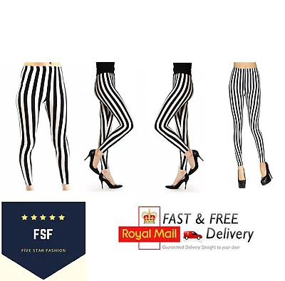 New Women's Full Length Black And White Vertical Print Stripe Halloween Leggings • $8.08