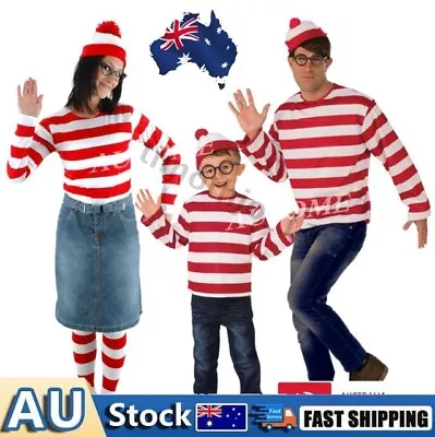 Women Men Kids Wheres Wally T-shirt Glasses Hat Socks Halloween Costume Cosplay • $18.04