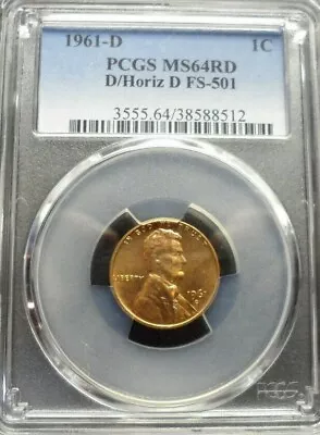 PCGS 1961-D Lincoln Memorial Cent  MS 64 RD   D/Horiz D  FS-501   • $65