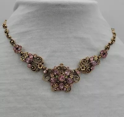 Avon Pink Rhinestone  Necklace Green Gold Pink Rhinestone Accents 15  & 3 Ext • $25