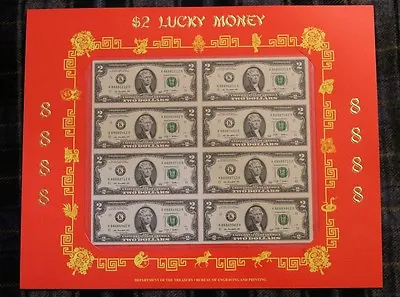 $2 “8888” Uncut Dollar Currency Bills 8 Bank Notes Chinese Lucky Money Sheet NEW • $99.99