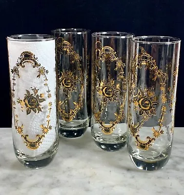 Vtg Cocktail Glasses Gold Floral Hollywood Regency Highball Tom Collins 7” Tall • $28