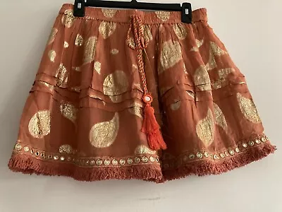 Z&L Sophia Mini Skirt Size M Brick Red Cotton Golden Threads Floral Fine Unique • $12.99