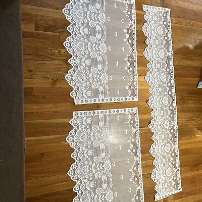 White Lacey Curtains 2 Panels 1 Valance Hearts And Flowers. Perma Prest Vintage • $35