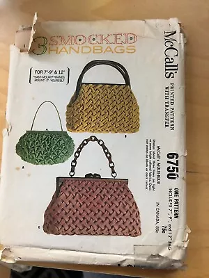 1960's Vintage McCall's  3 Smocked Handbags Pattern 6750 For 7 9  & 12  UNCUT • $34