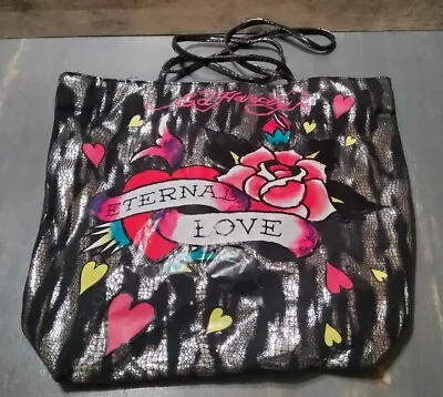 Ed Hardy Eternal Love Tote Bag Black Silver Tattoo Heart Flower Magnet Closure • $34.99