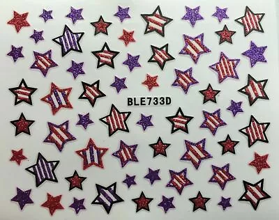 Nail Art 3D Decal Glitter Stickers Stars 4th Of July Red White Purple BLE733D • $3.39