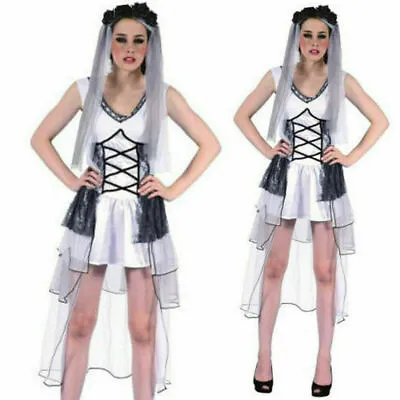 Ladies Skeleton Bride Costume Halloween Horror Womens Fancy Dress New UK Sizes • £14.49