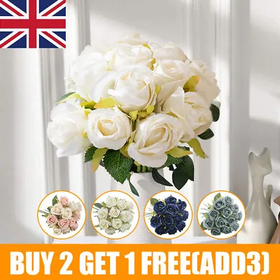 12 Head Artificial Flowers Silk Rose Fake Flower With Stem Wedding Party Bouquet • £3.99