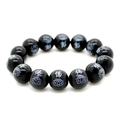 BLACK AGATE WRIST MALA W LOTUS 14mm Buddhist Prayer Bead Stone Stretch Bracelet • $8.95