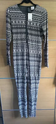 H&M Size M 12 14 Grey White Patterned Pj Jumpsuit One Piece Winter Christmas • $16.17