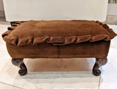 Vintage Caved Wood Brown Velvet Foot Stool QUEEN ANN Legs Floor Chair Low Seat • £24