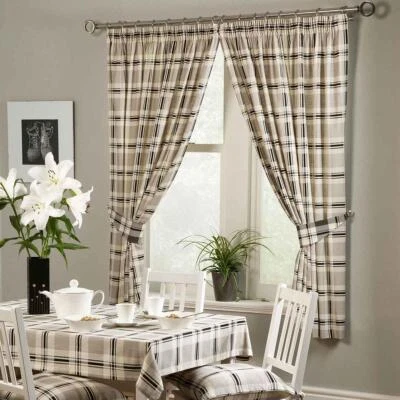 £14.95 • Buy Grey  Check Chelsea Pencil Pleat Kitchen Curtains Tape Top Curtain Pair
