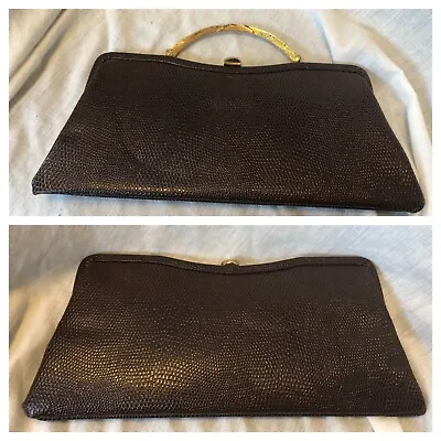 Vintage 50s Bag Admiral Brand Leather Lizard Clutch Bamboo Metal Handle  12x5.5  • $26.10