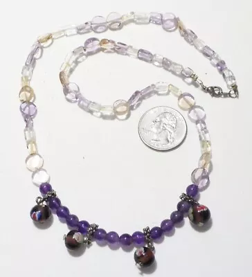 KOREA Clear/Pale & Purple Quartz Bead Necklace Millefiori Dangles ST 21.25  • £18.41