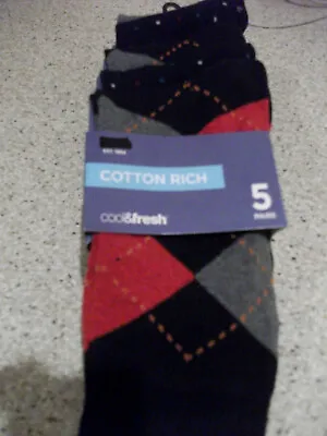 Ex M & S COTTON RICH COOL & FRESH 5 Prs. SOCKS PATTERN MIX ARGYLE AND SPOTS • £8.99