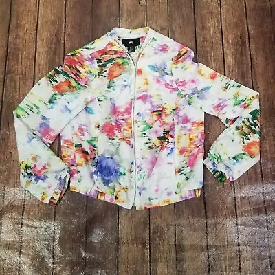 H&M Bomber Jacket Womens 8 Multicolor Floral Full Zip Pockets Lightweight • $3.60