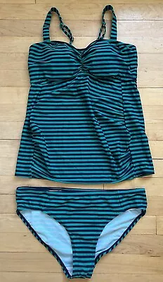 NWOT Motherhood Maternity Navy Green Stripe 2 Piece Swimsuit Tankini Medium • $20