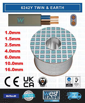 6242Y TWIN & EARTH 1.0mm 1.5mm 2.5mm 4mm 6mm 10mm 16mm CABLE 100m 50m 25m GREY • £31.19