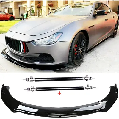 Glossy Black Front Bumper Lip Spoiler Splitter + Strut Rods For Maserati Ghibli • $105.11
