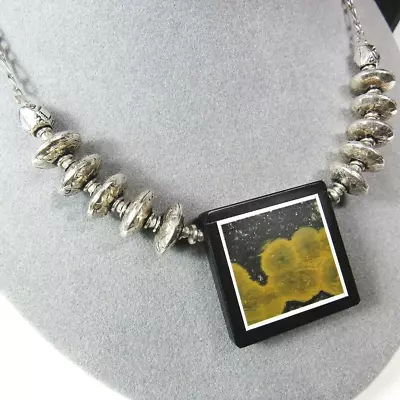 All Solid Sterling 925 Silver Artisan Intarsia Mosaic Stone Pendant Necklace 37g • $92