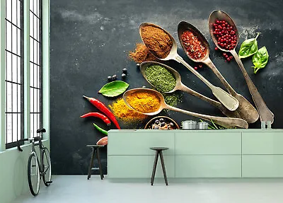 Foods Drinks Spice Herbs Fruits Spoon Kitchen Restaurant Wallpaper Murals Photo • £29.99