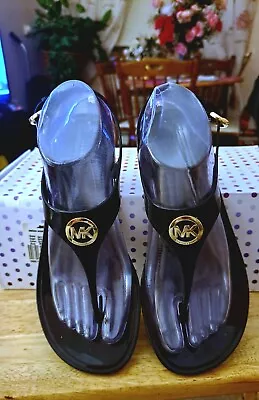 Michael Kors Lillie Black & Gold Jelly Leather Plate Thong Sandals MK Size 7 • $19.99