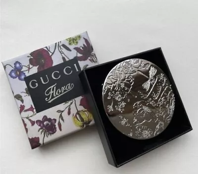 Gucci PARFUMS Mirror Compact Miroir With Box Silver Flower Relief Gucci Plant • $25.99