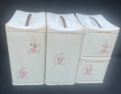 $7.95 • Buy Rare Vintage Ransburg 4 Piece Metal Canister Set Pink Flowers  