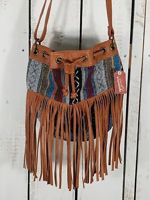 NWT Arizona Crossbody Bag Southwestern Aztec Leather Fringe Handbag Boho Hippie • $29.98