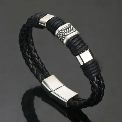 Men Women Leather Titanium Steel Magnetic Braided Clasp Bracelet Bangle Jewelry • $2.32