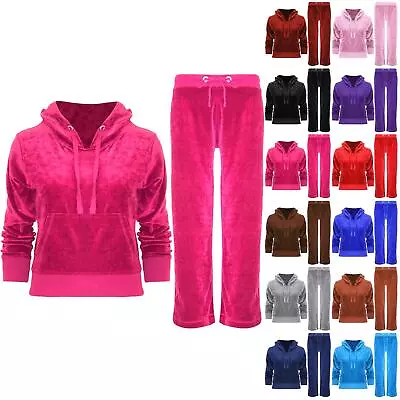 Womens Ladies Hooded Velvet Velour Jogging Bottom Hoodies Loungewear Tracksuit • £13.99