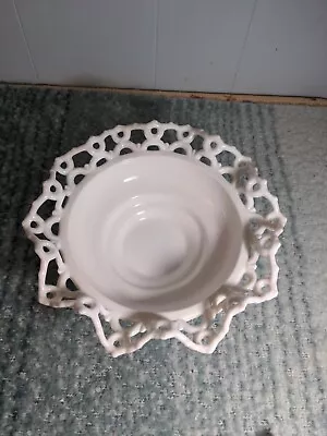 Vintage Milk Glass Pedestal Bowl Wavy Lace Lattice  • $8