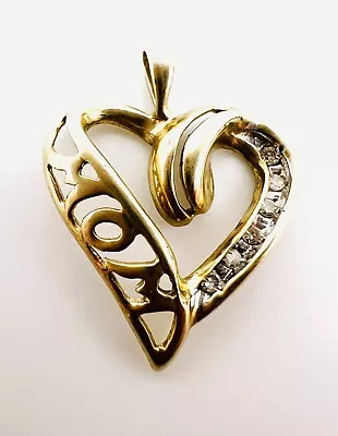 Vintage 10k Solid Yellow Gold “MOM” Diamond Heart Necklace Pendant • $89.99